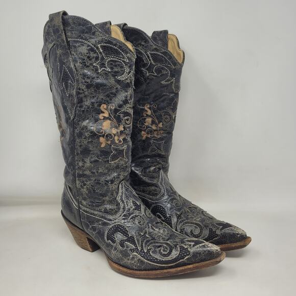 Corral Boots Shoes - Corral Boots 7W Black Lizard Leather Inlay Western Cowboy Cowgirl Rodeo C2108